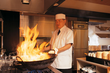 Open kitchen in restaurant