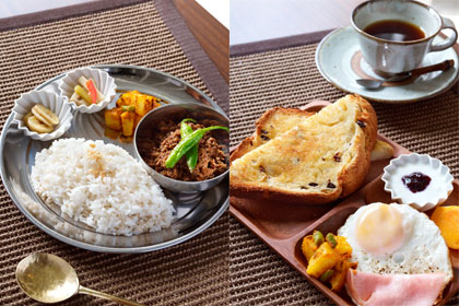 left: Curry set, right: sample breakfast